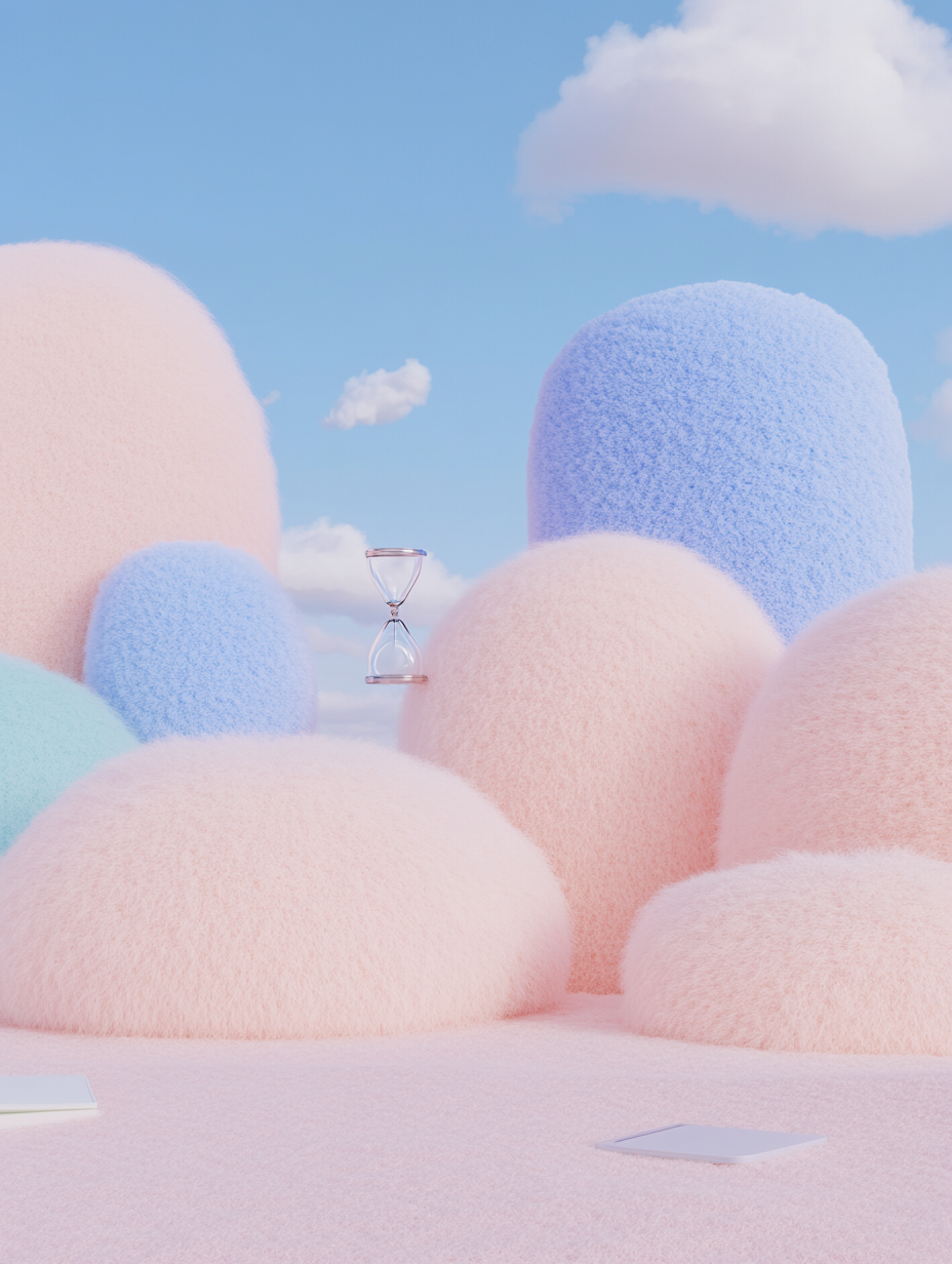 Floating office supplies in dreamlike cotton candy landscape