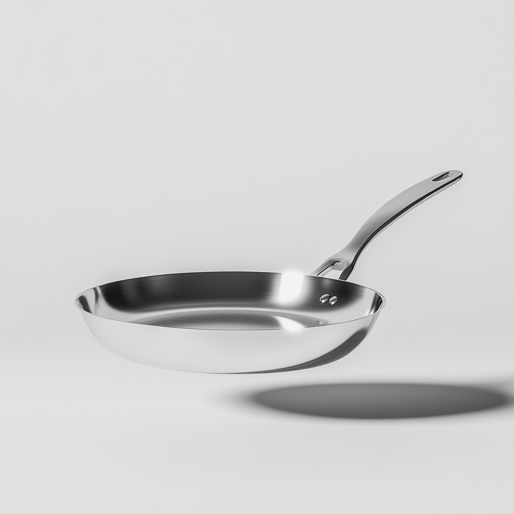 Floating shiny frying pan on white background.