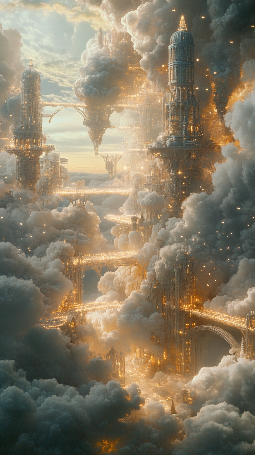 Floating towers in glowing clouds under dreamy light