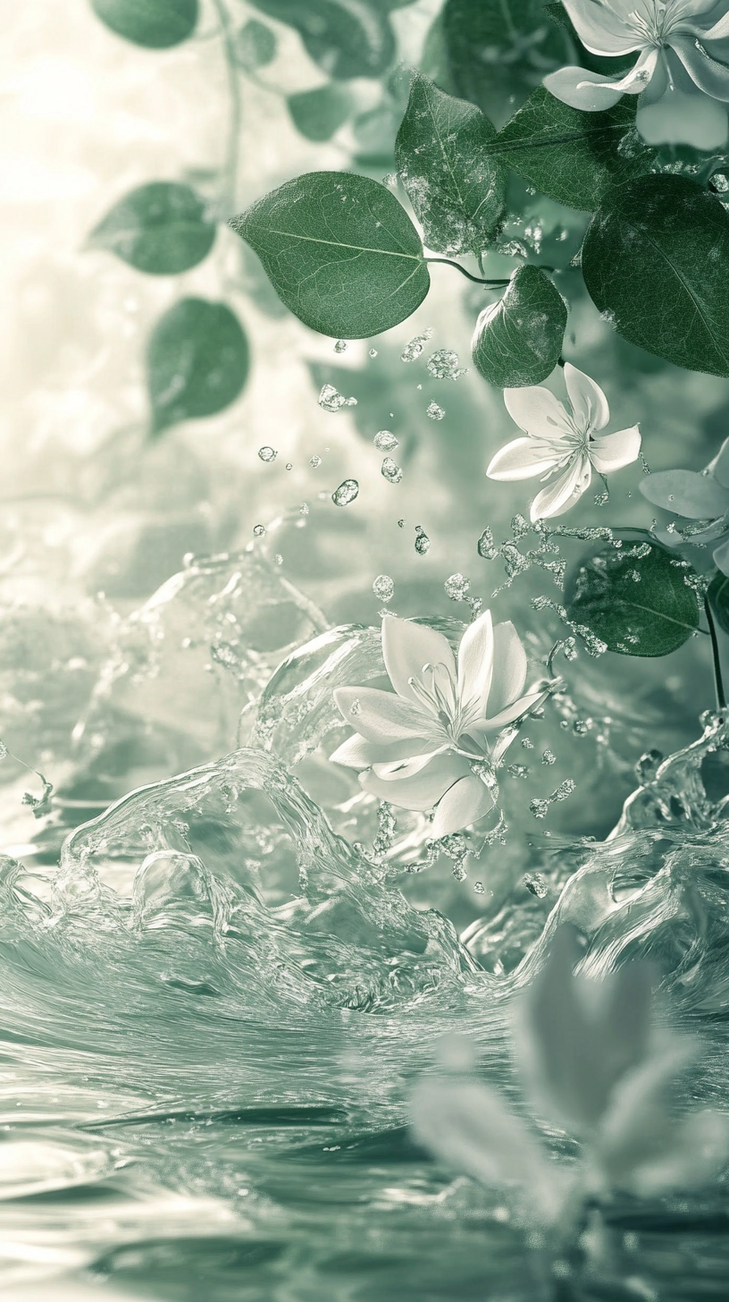 Floating water, foam, green leaves, fresh flowers, sunlight, green tones