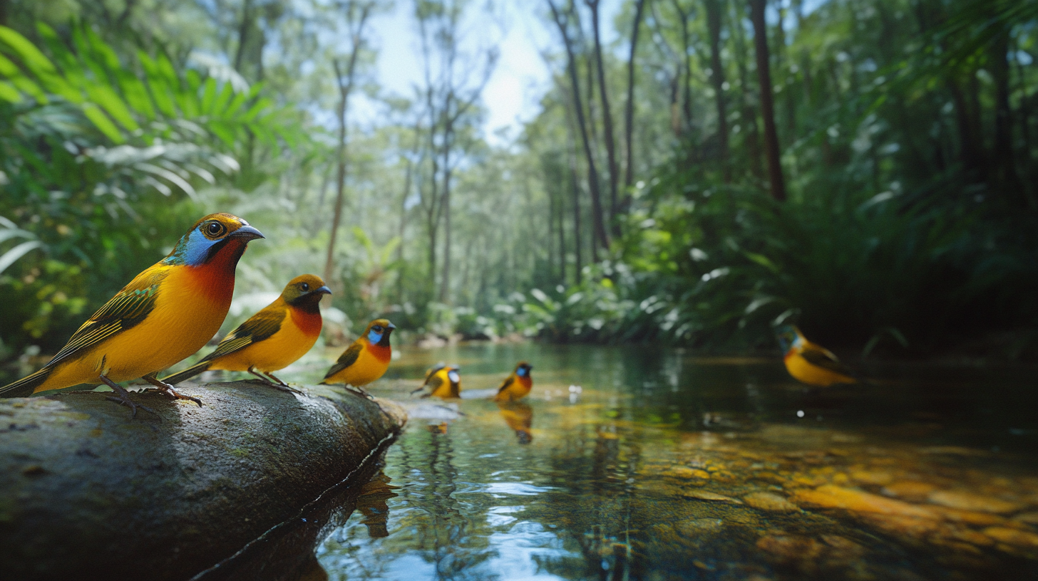 Flock of gouldian finches in Australia near forest stream