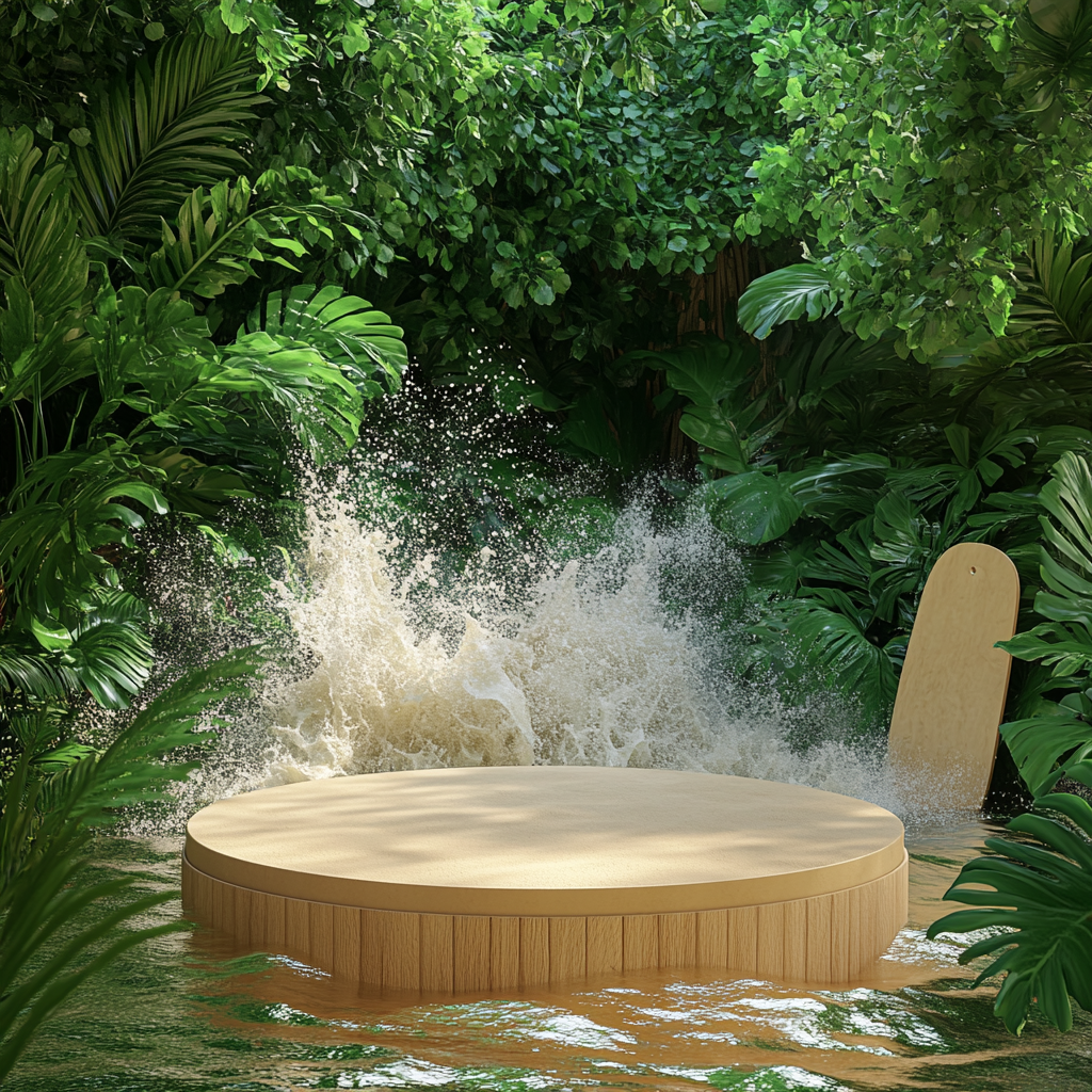 Floor podium with sand table top in rainforest setting.