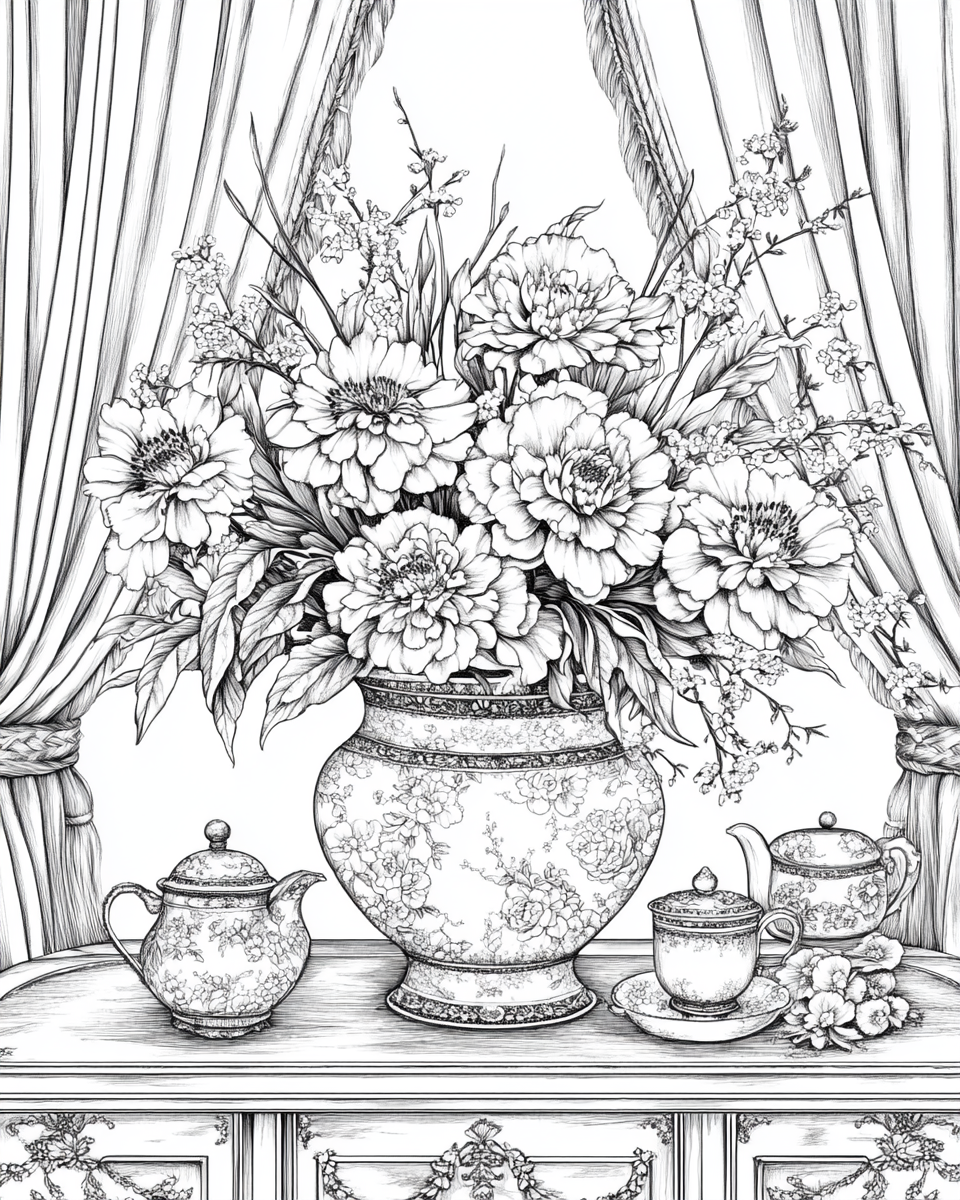 Floral Vase with Doll on Buffet Table Illustration