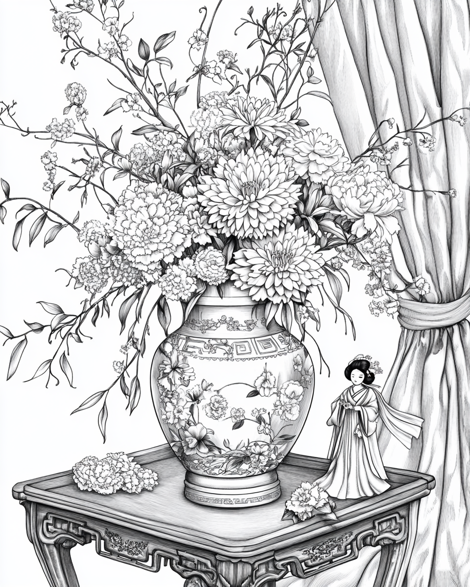 Floral arrangement in ceramic vase with Geisha Doll