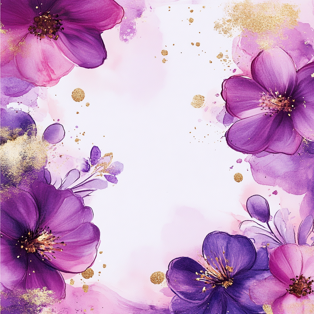 Floral design with purple, pink gradient and gold accents.