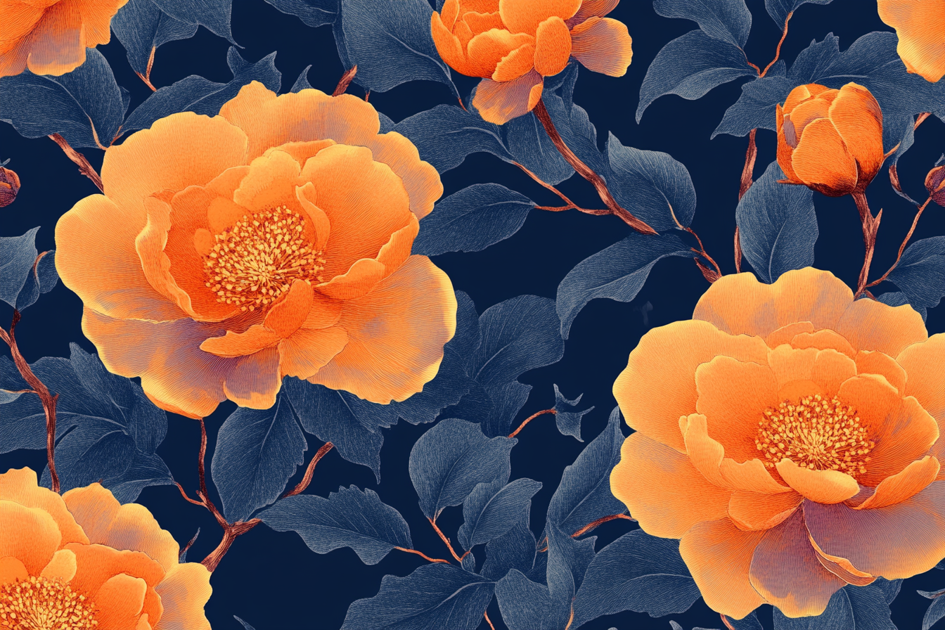 Floral pattern with large orange flowers on blue background.