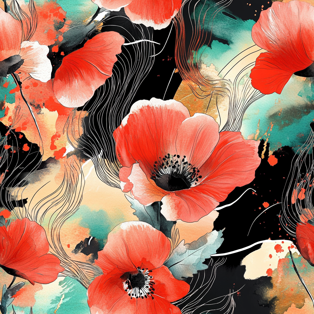 Floral poppies and leaves in watercolor painting