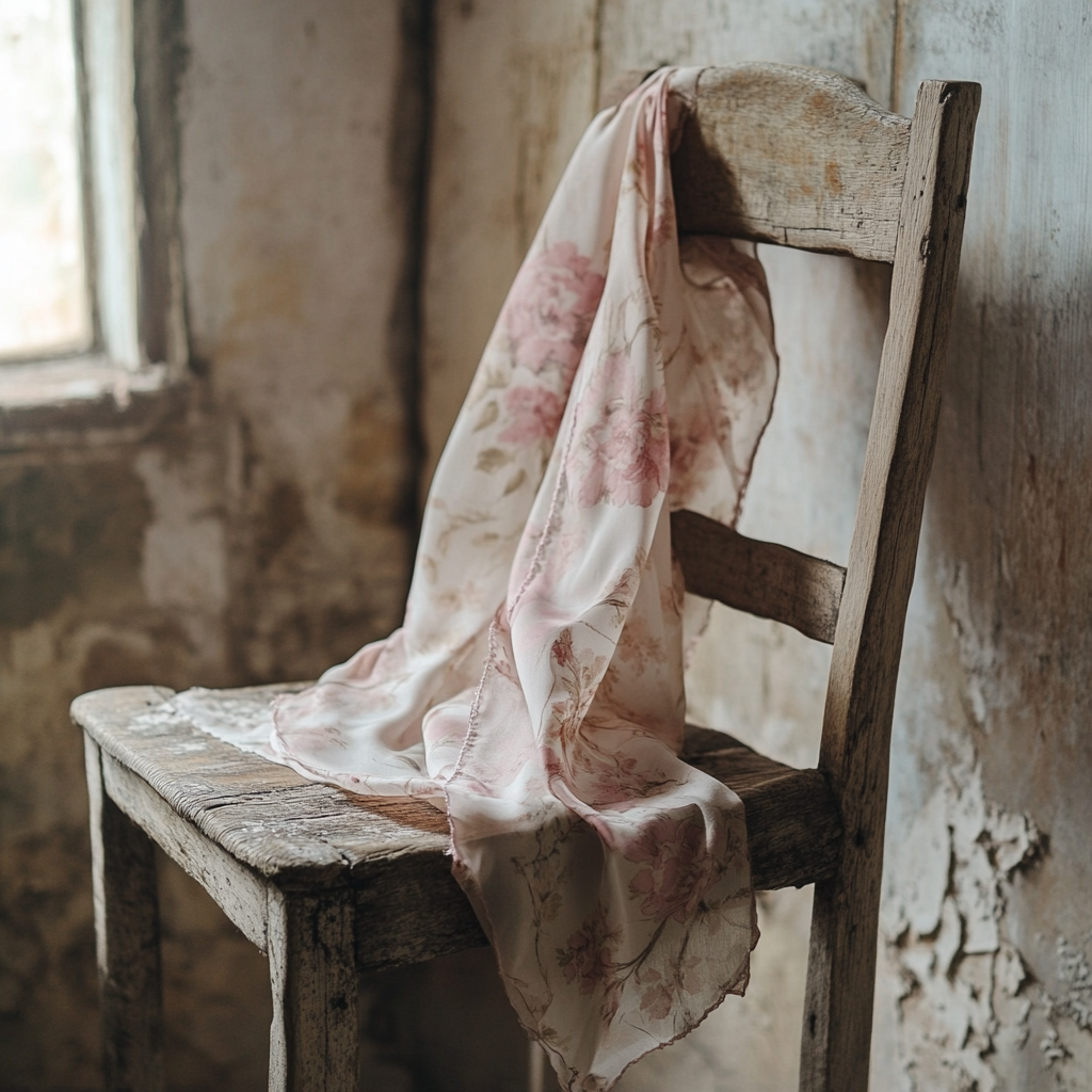 Floral silk scarf hanging over wooden chair