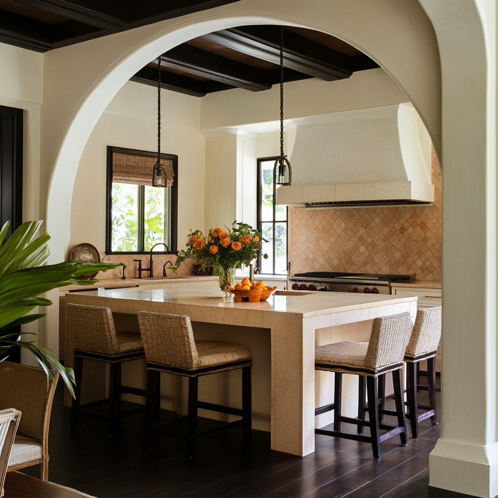 Floridian Botanical Bungalow Kitchen with Arch Transition