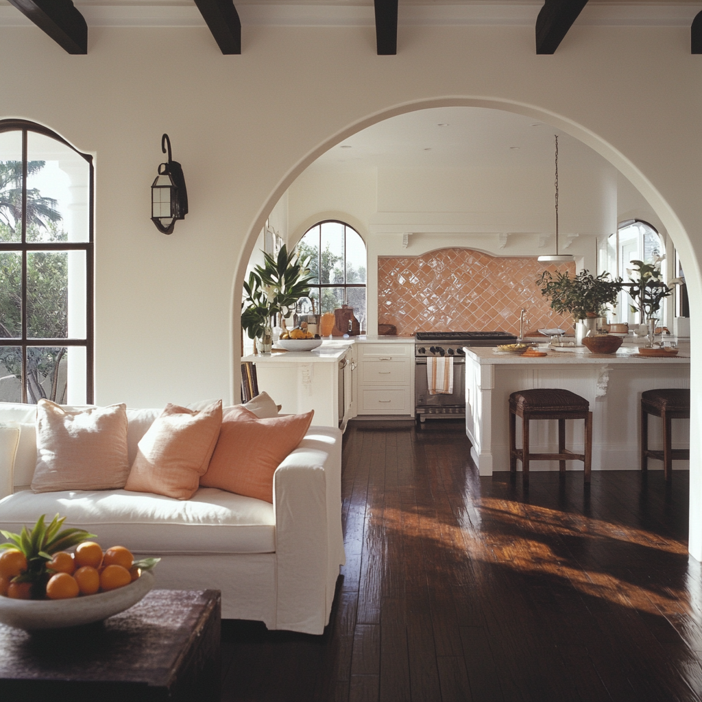 Floridian Bungalow Kitchen with Arch to Living Room