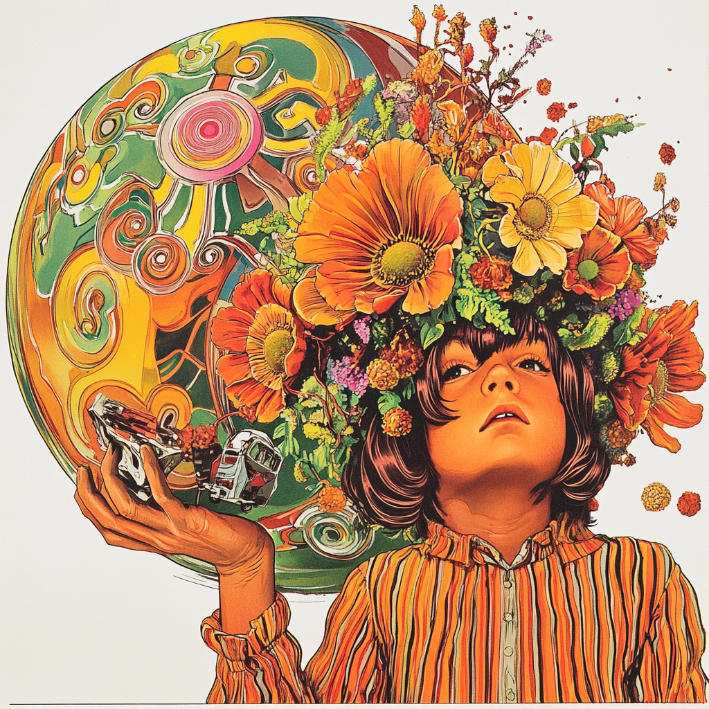 Flower child with flowers, wrecking ball, psychedelic oranges.