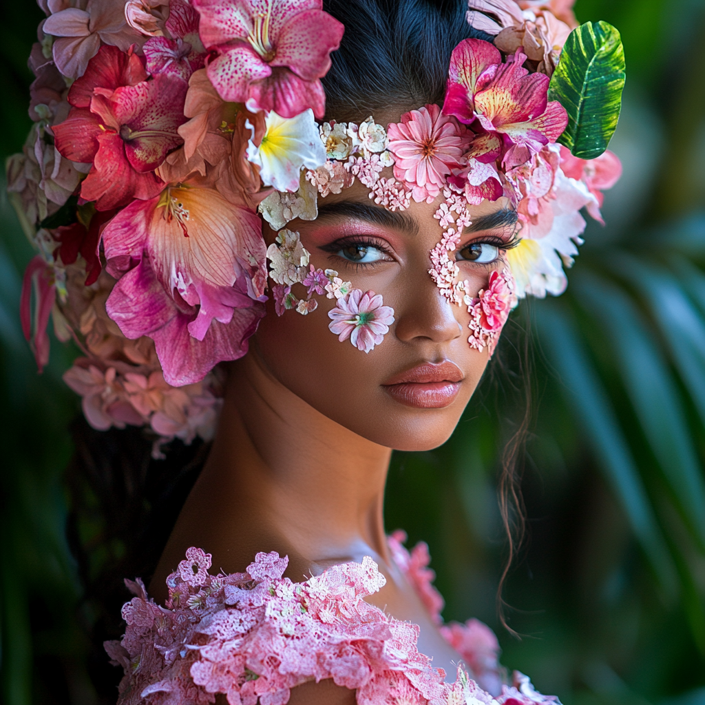 Flower crown on Hawaiian woman in pink dress