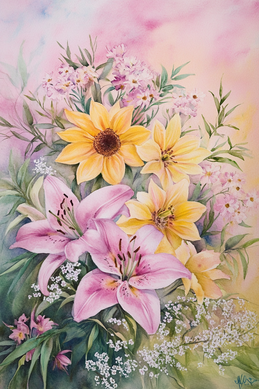 Flower frame on pastel pink watercolor art.