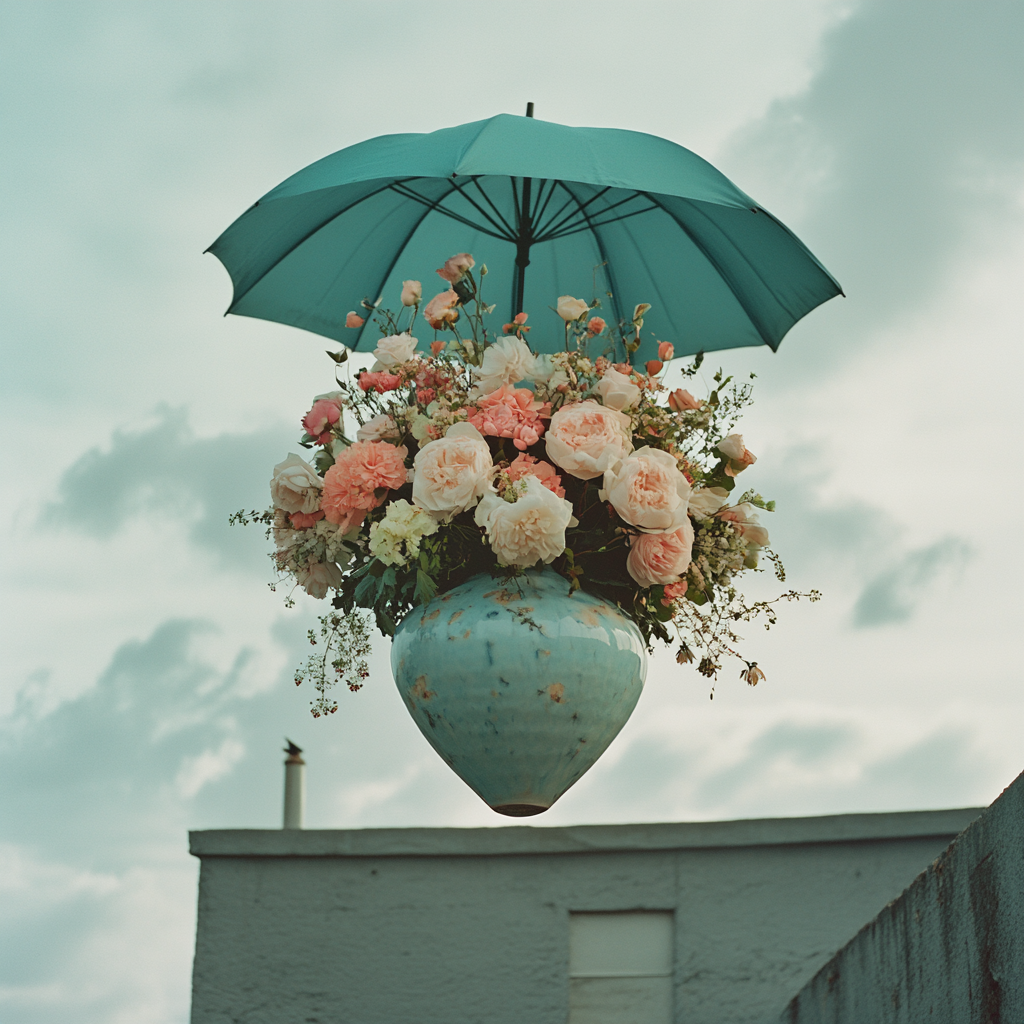 Flowers in vase and teal umbrella floating in sky.