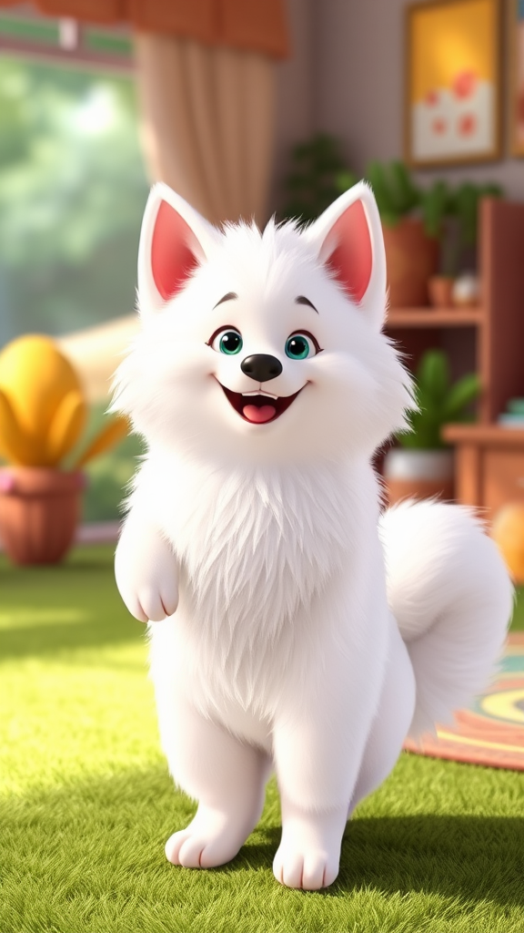 Fluffy American Eskimo Dog in Pixar Style Joyful