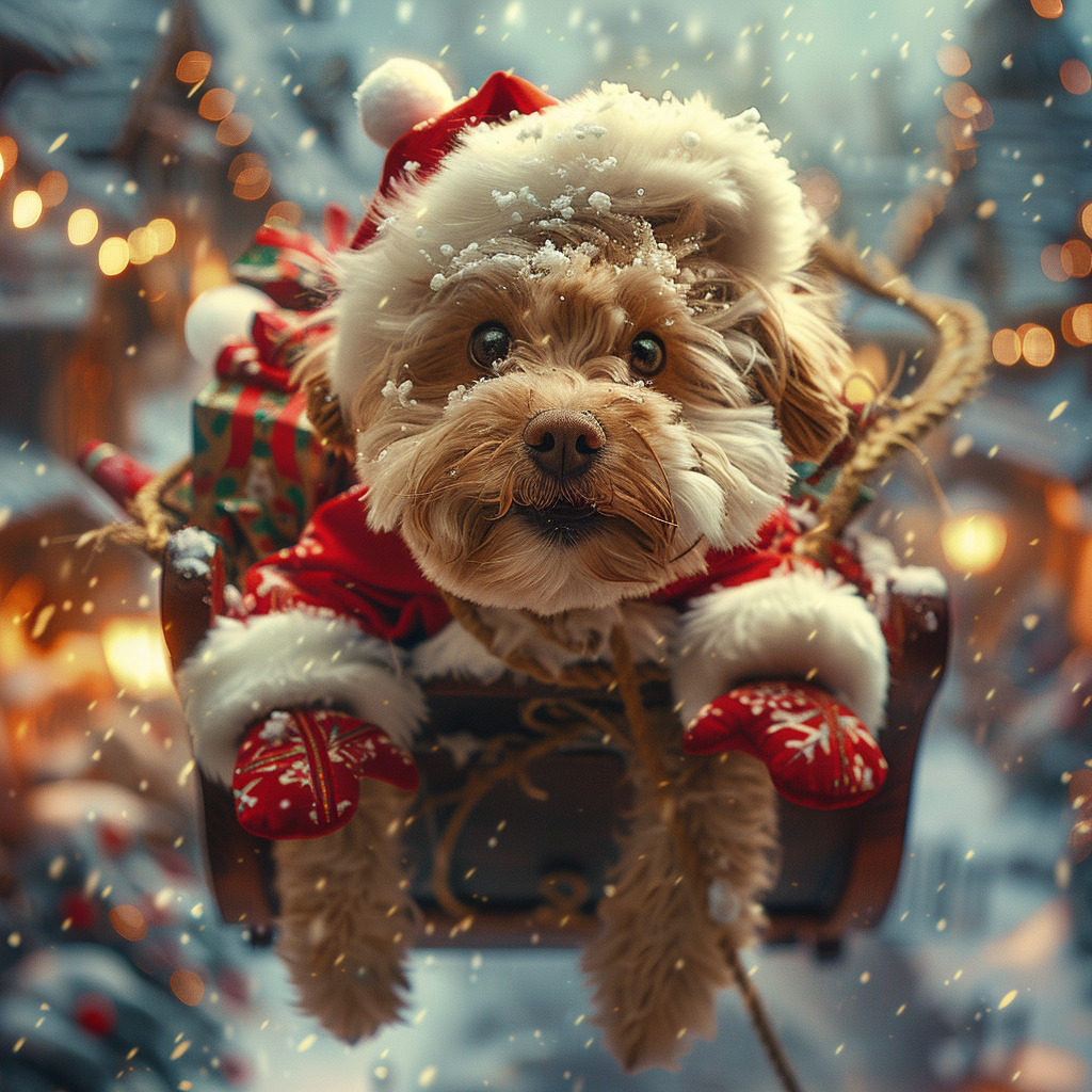 Fluffy Santa Dog Flying Through Winter Village Sky