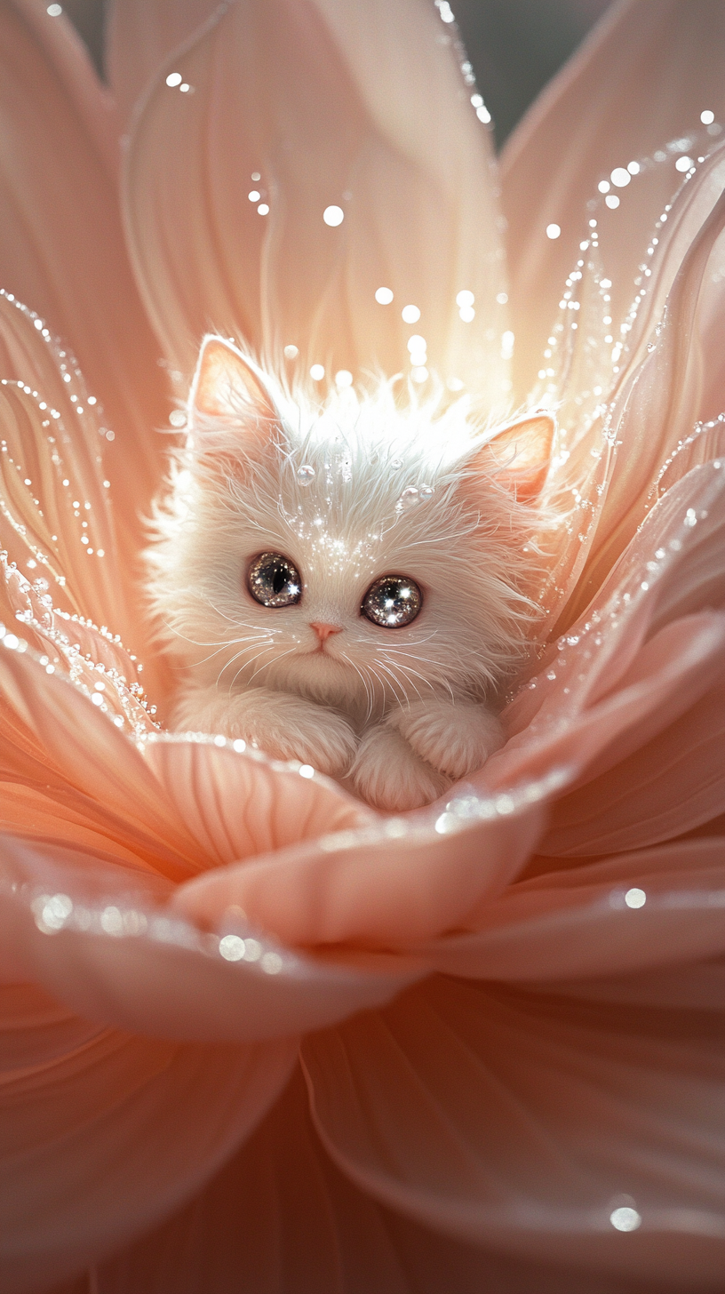 Fluffy fairy cat in pink flower glow