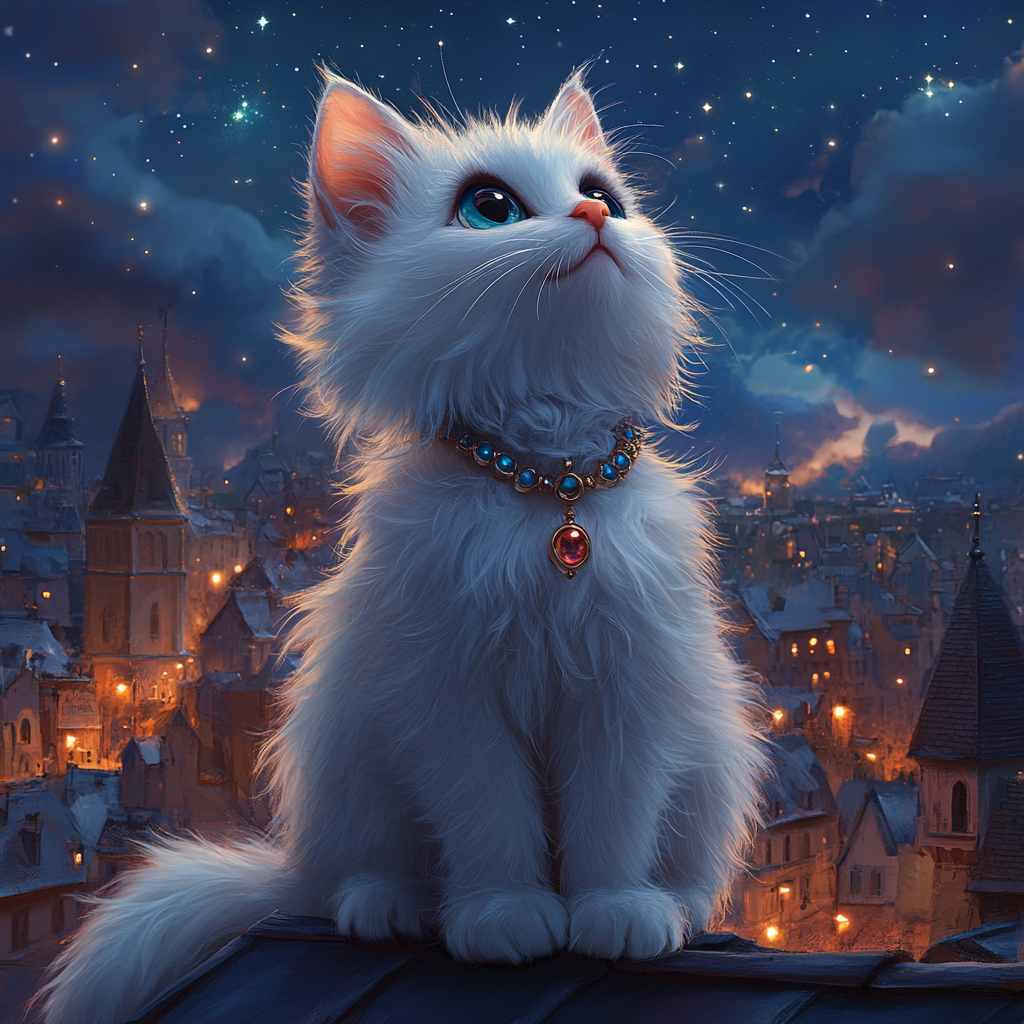 Fluffy white cat on rooftop under starry sky, city view, 3D cartoon style