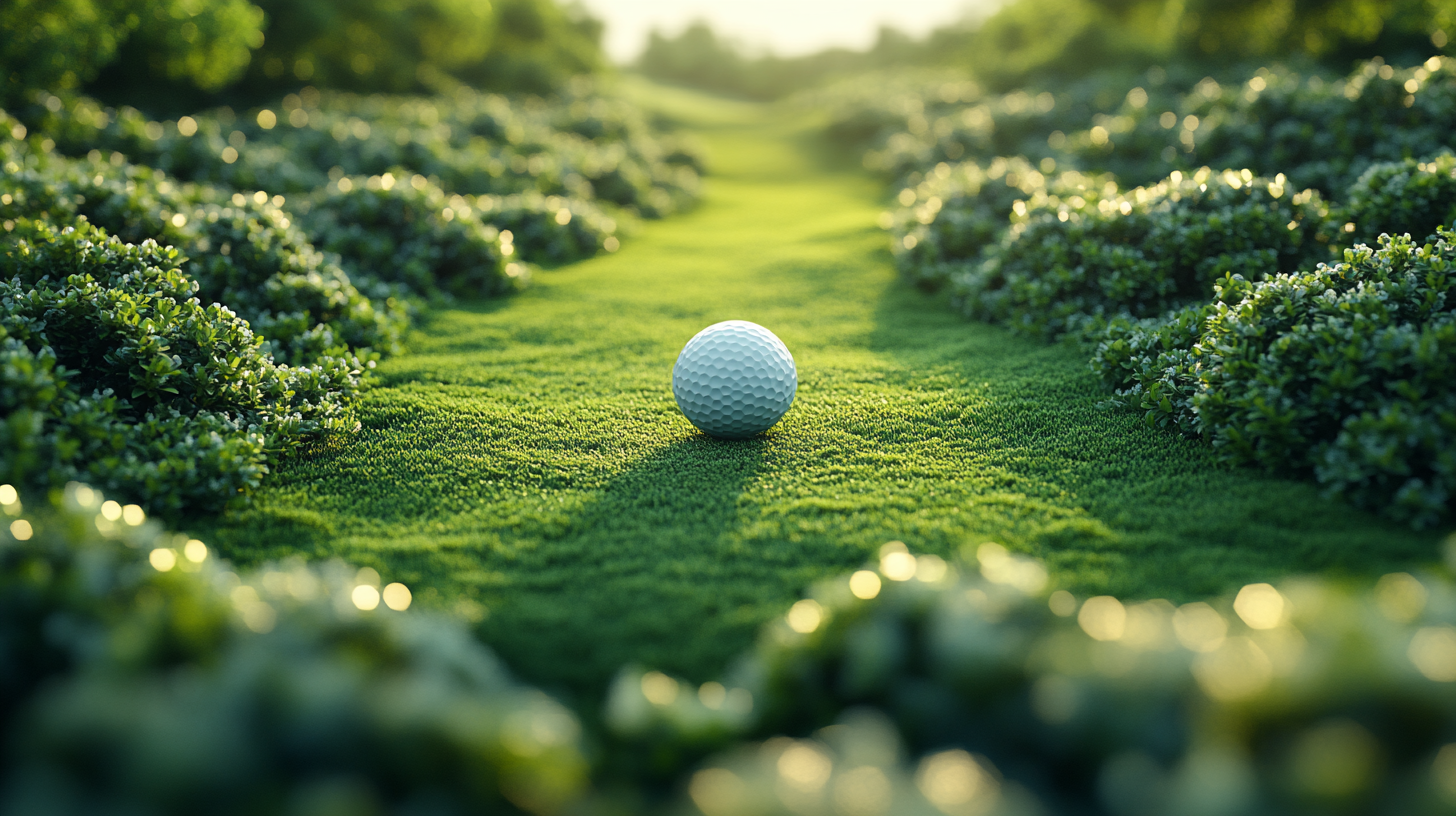 Flying golf ball over visible blurred golf course view.