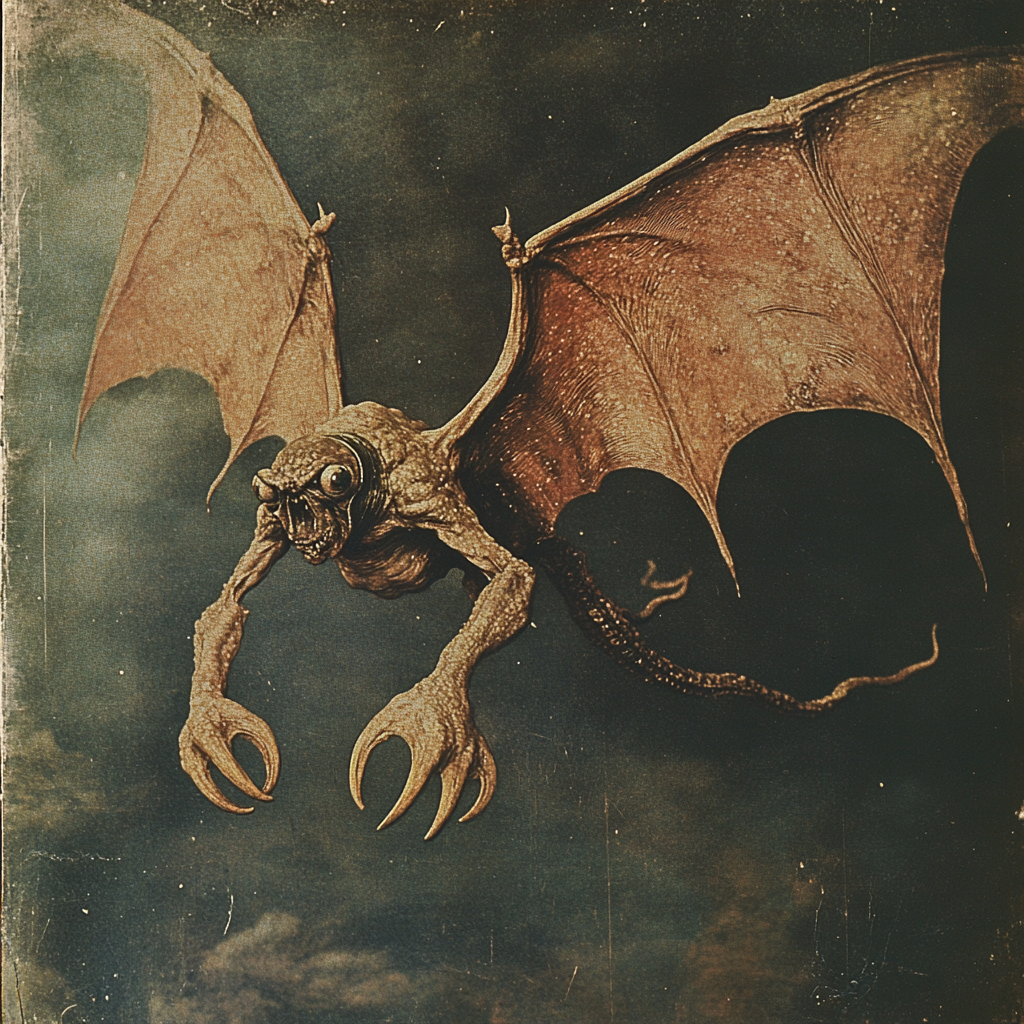 Flying winged monster with crab feet in 1920s.