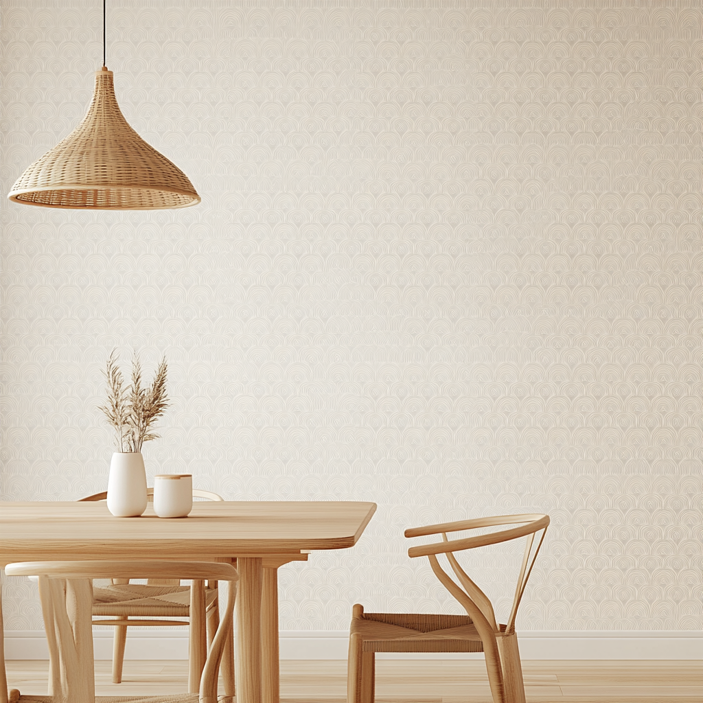 Focus on clean wallpaper pattern in dining room.