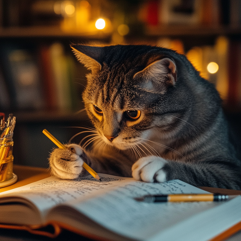 Focused Cat Taking Notes at Desk 