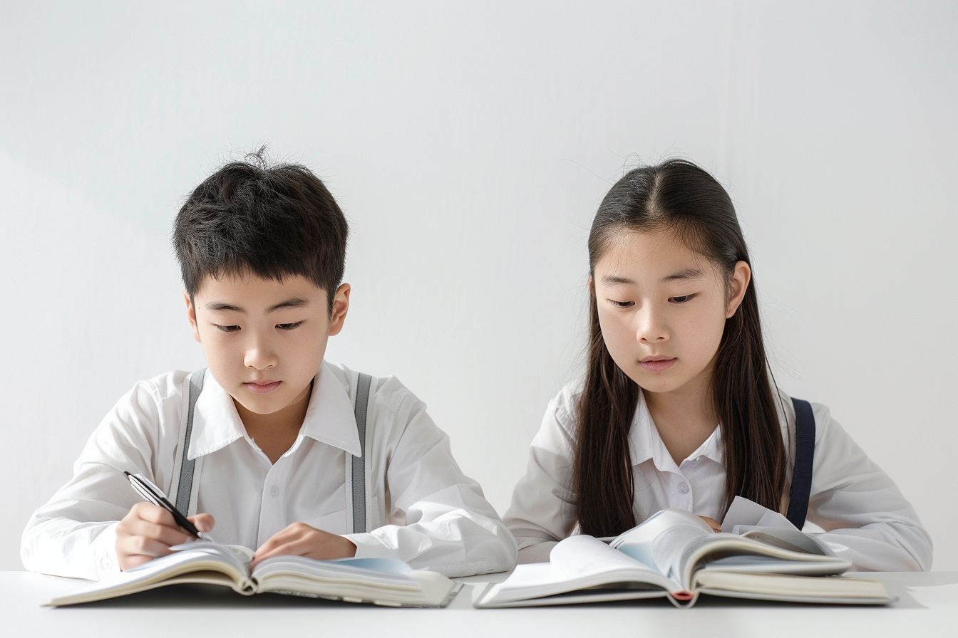 Focused Korean Middle School Students Studying English Together