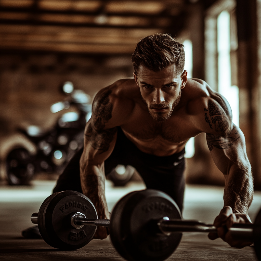 Focused gym workout emphasizing strength exercises next to motorcycle.