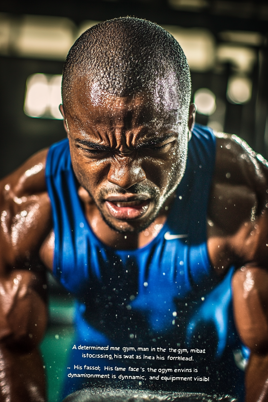 Focused man in gym, sweat on forehead, intense workout.