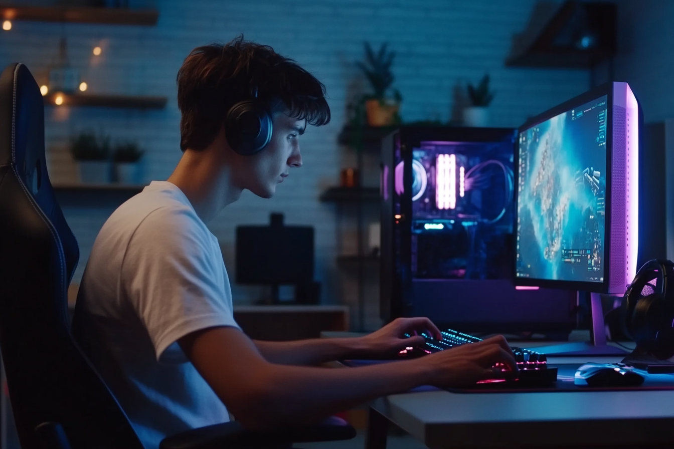 Focused man plays computer game