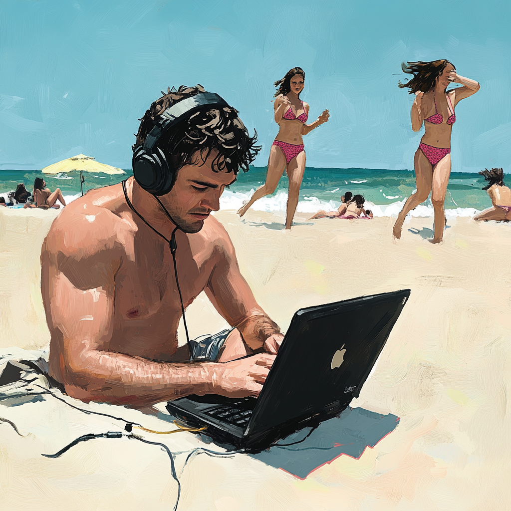 Focused man working at beach as women play nearby.