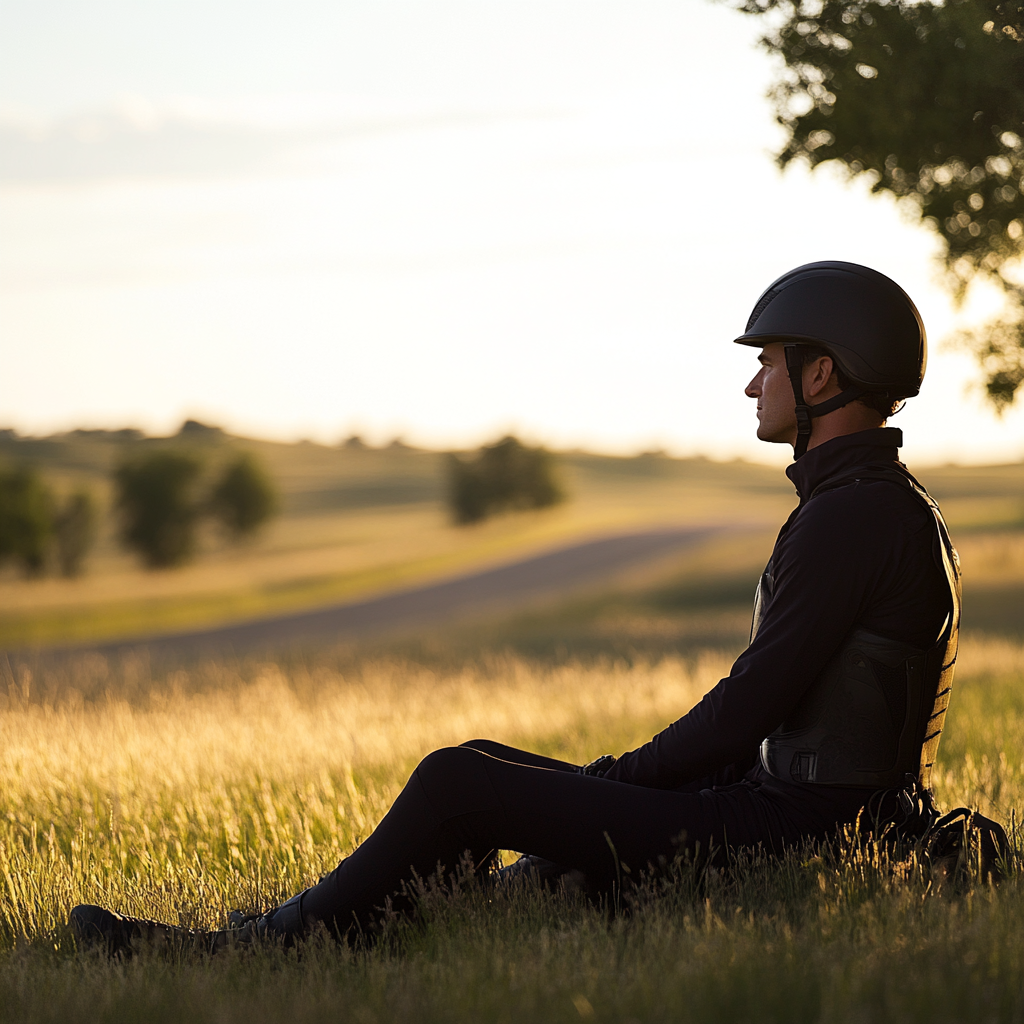 Focused rider practices deep breathing in peaceful nature setting.