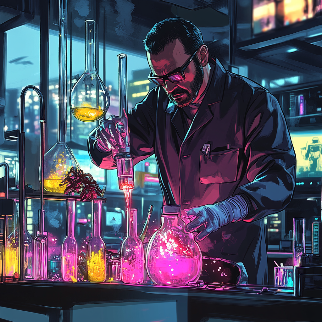 Focused scientist studies colorful reactions in futuristic lab with mutants.