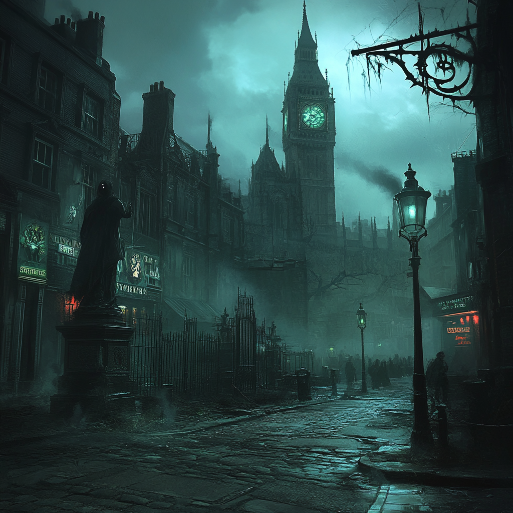 Foggy London street with Victorian buildings and occult symbols.