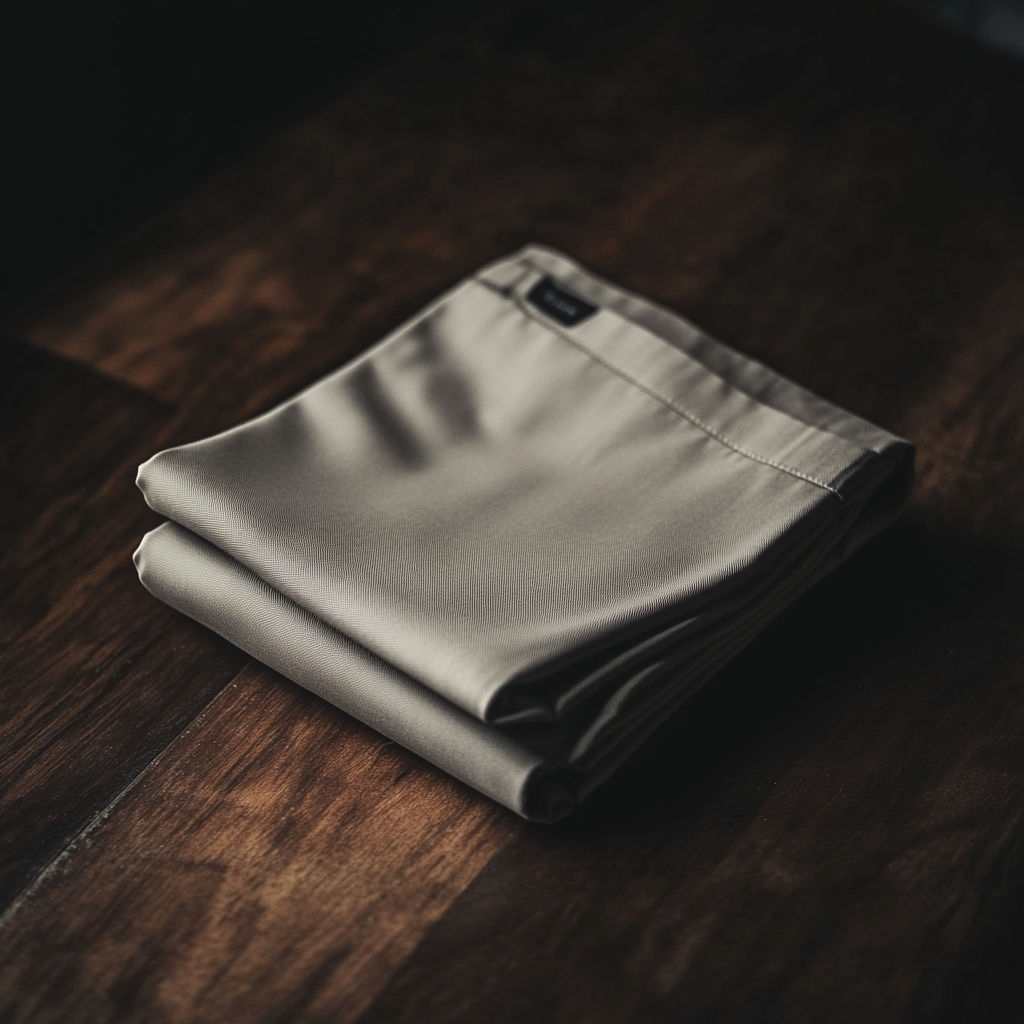 Folded dark cream chino trousers on polished wood surface.