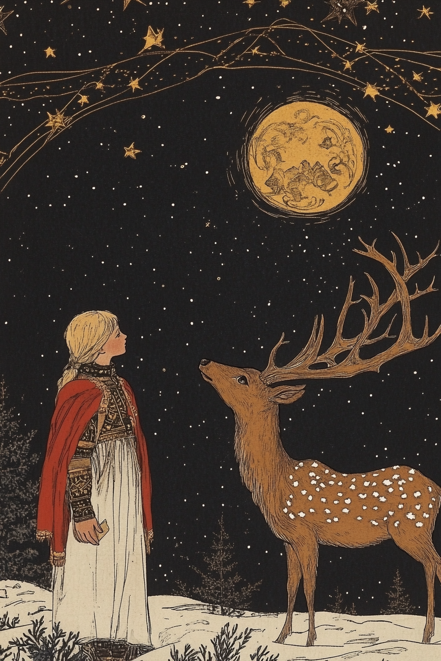 Folk Art Boy with Deer on Night Sky Background