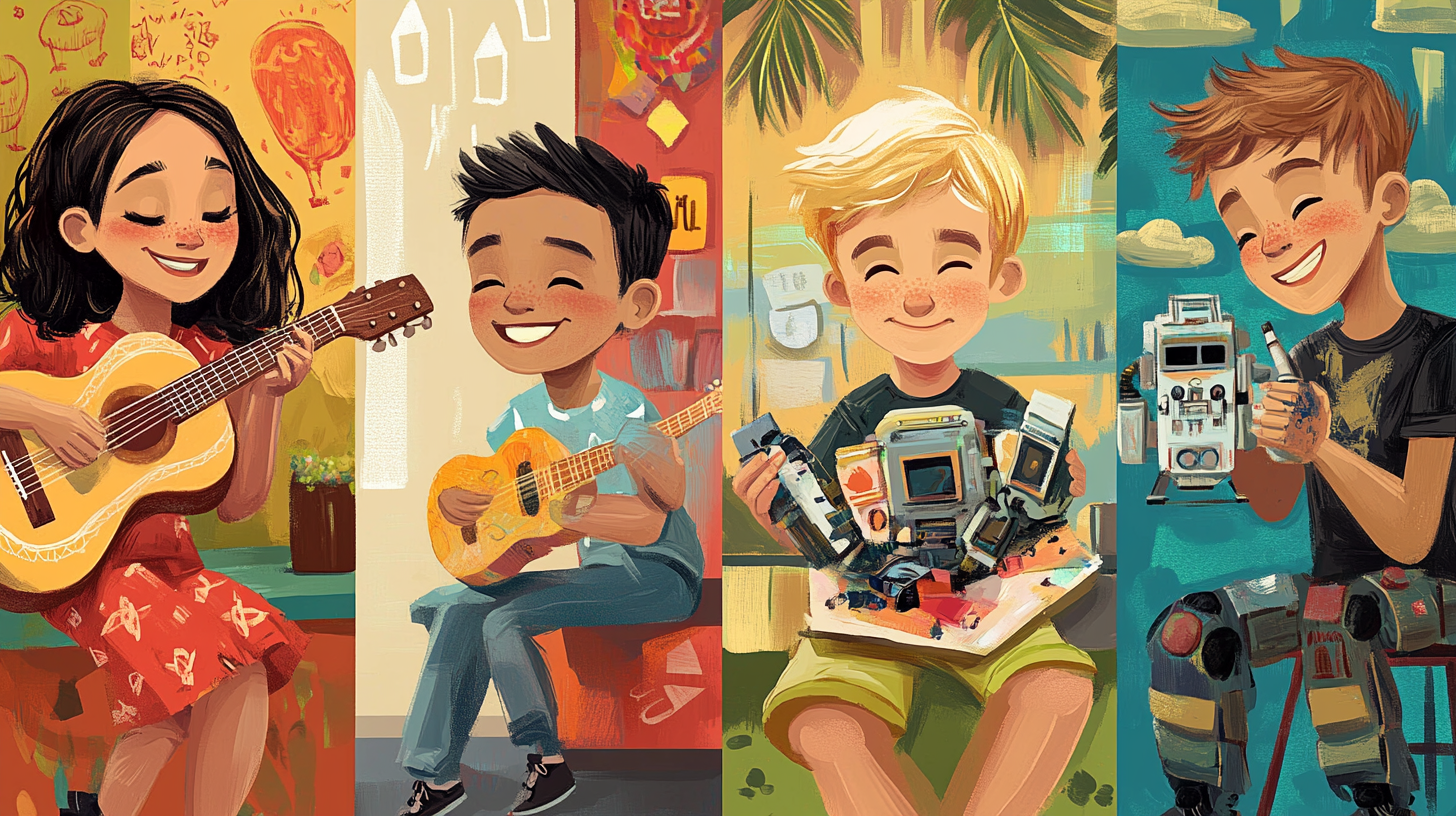 Folk art style illustration of tweens in 4 places.