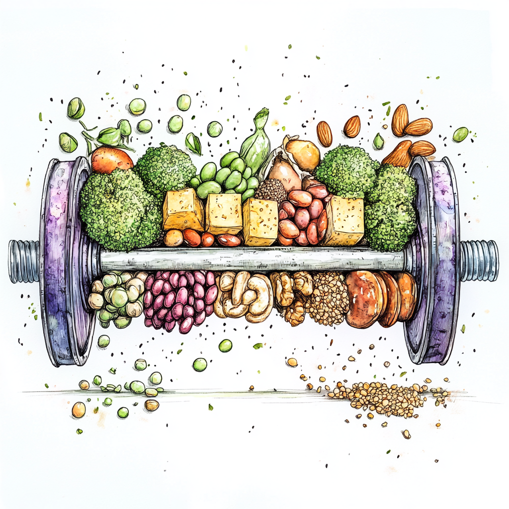 Food-filled barbell illustration with watercolor and line art.