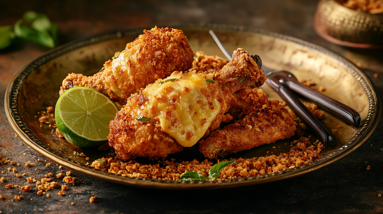 Food photography of fried chicken, Keris, cheese, lime.