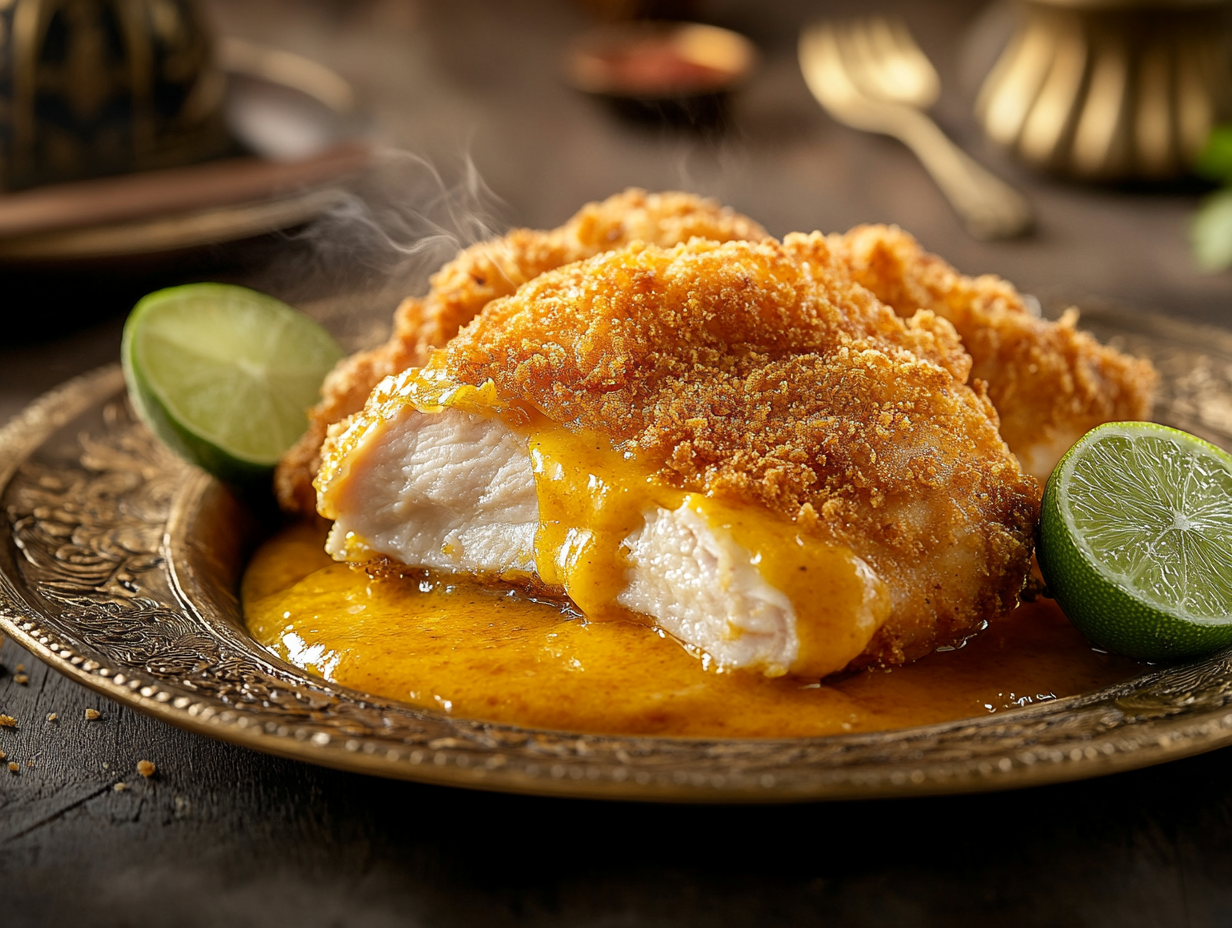 Food photography of fried chicken with melted cheese.