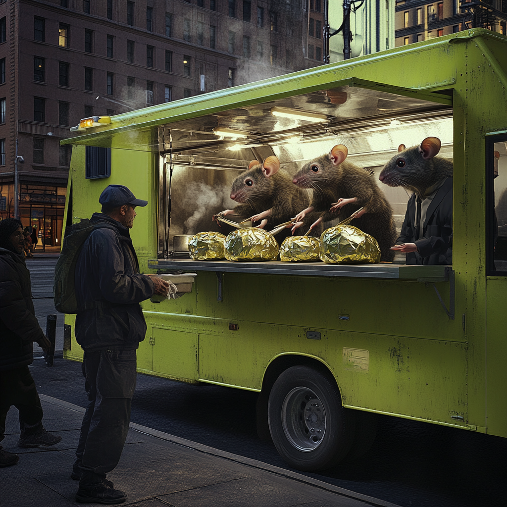 Food truck with rat chefs serving large hunks.