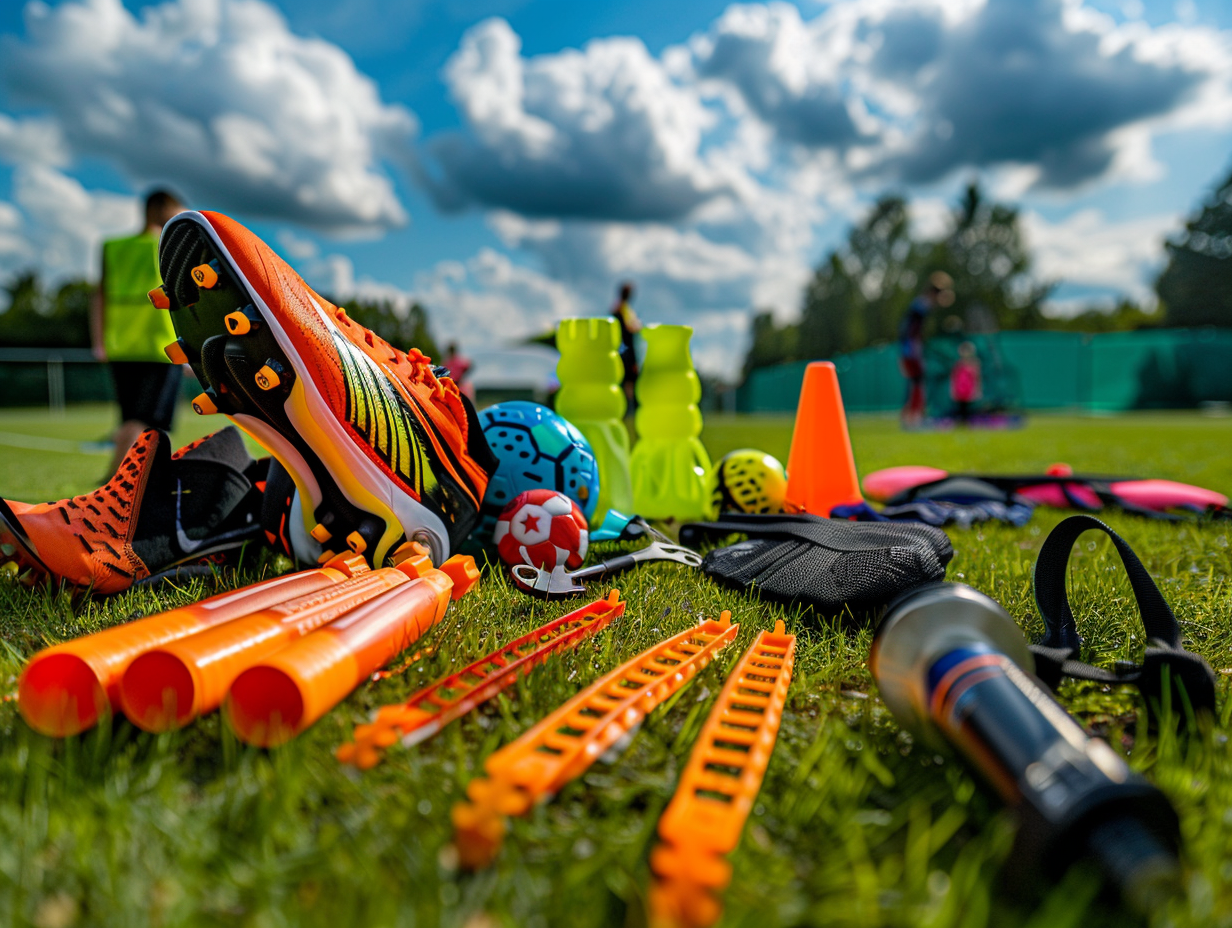 Football Training Equipment on Grass Field