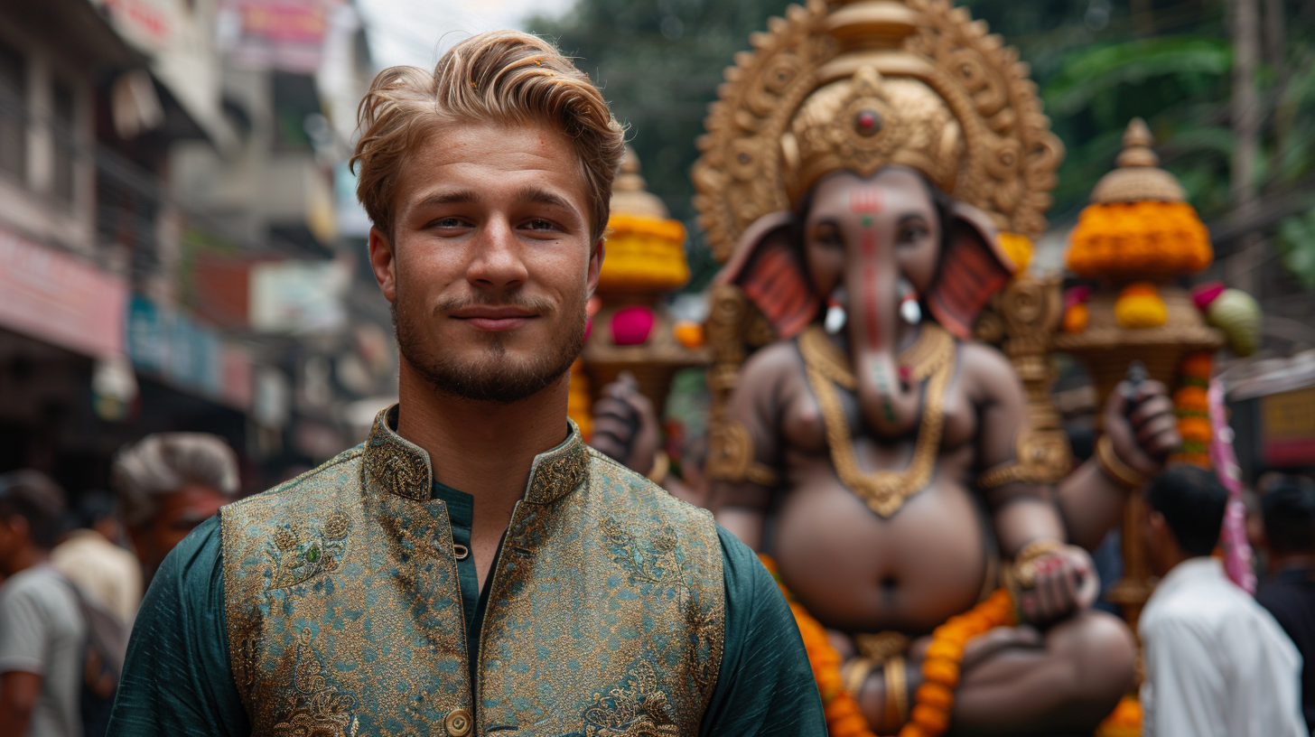 Football athlete Haaland in Indian attire at Ganesh festival.