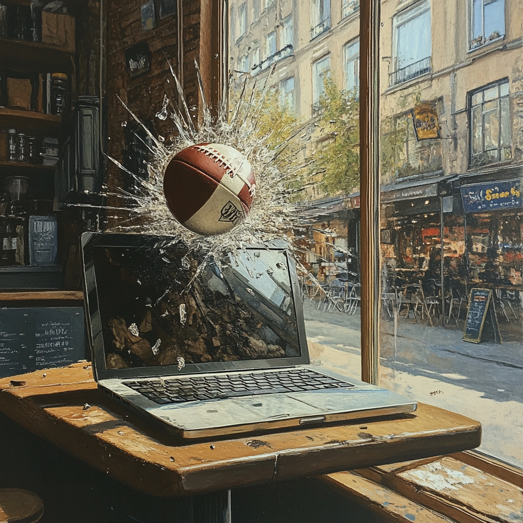 Football breaking laptop screen in coffee shop painting