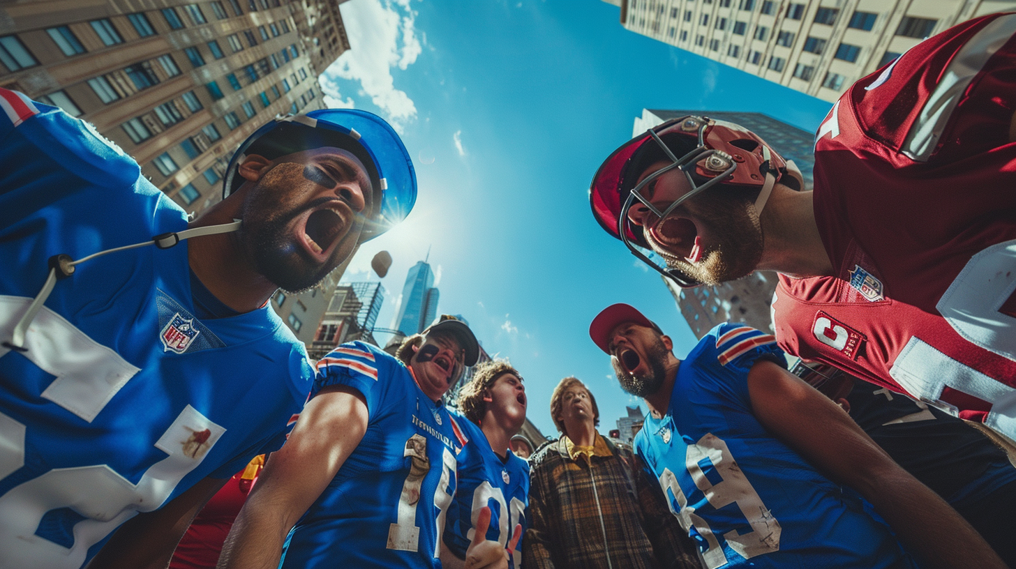 Football fans in blue and red Uniforms arguing