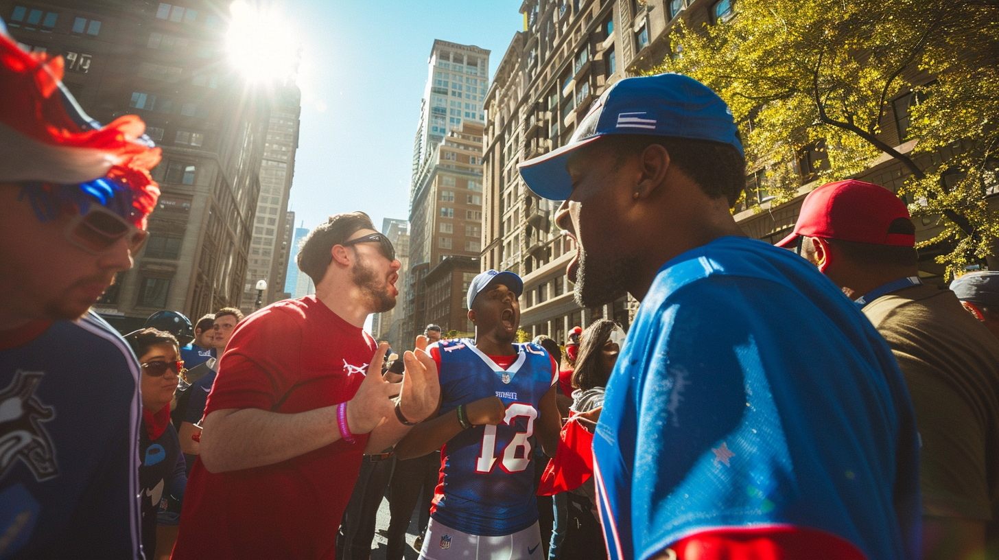 Football fans in blue and red yell dramatically