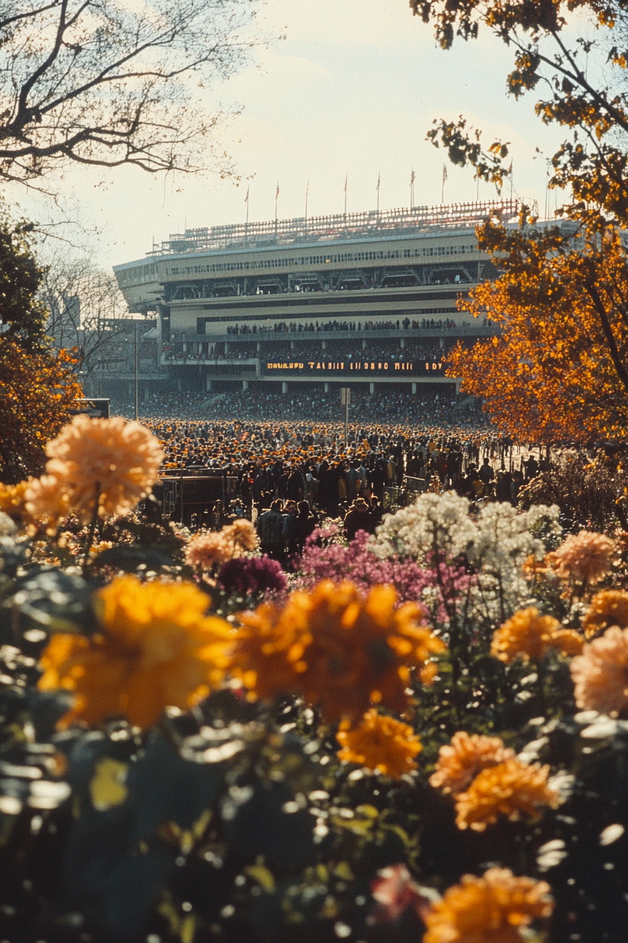 Football stadium in NYC, Fall, crowded streets, flowers overflowing.