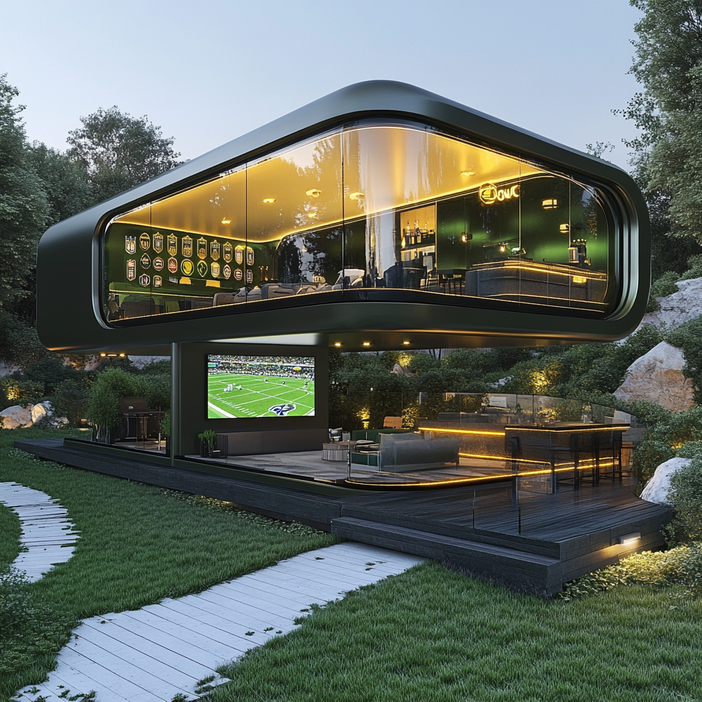 Football-themed man cave camper pod on hillside with gardens.