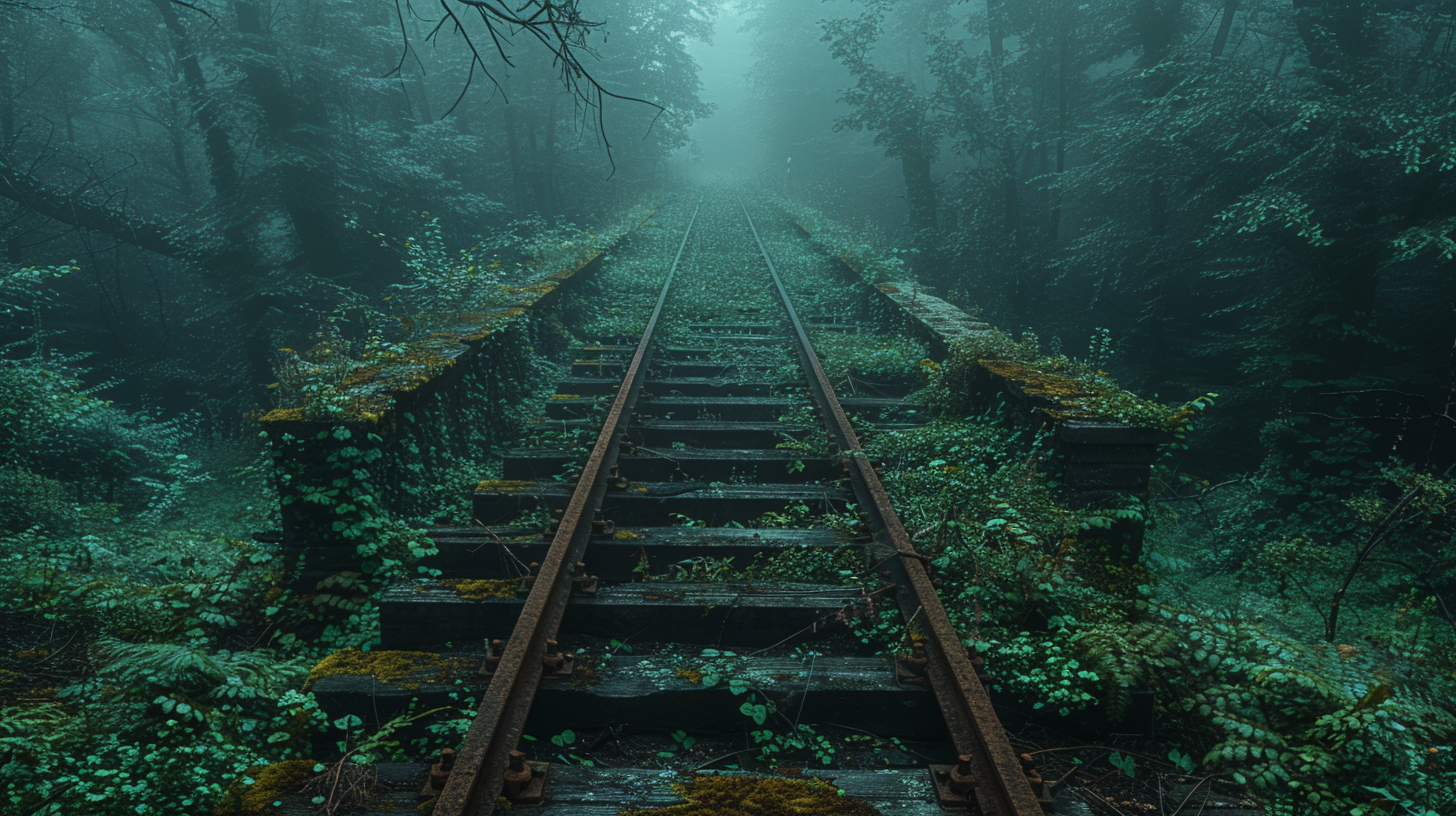 Forest, railway tracks, rusted metal, broken train cars.