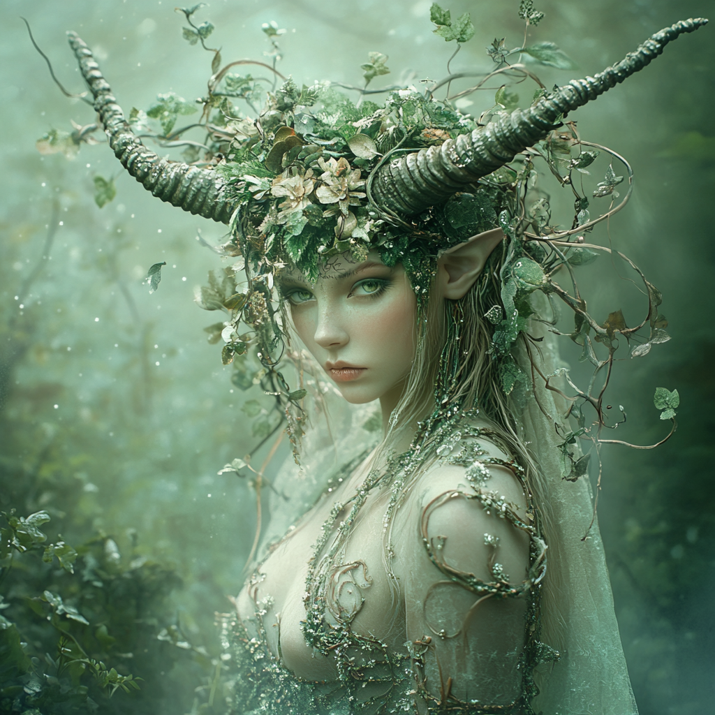 Forest Diva with Horns, Tiara, Veil, Dress, Mystical Environment